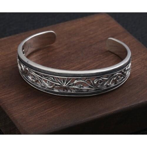 Wholesale S925 Sterling Silver Men And Women Retro Thai Silver Hollow Sun Open Ended Bangle