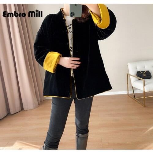 Autumn And Winter New Chinese Style Disc Button Silk Velvet Add Cotton Jacket Cuffs Contrast Color Retro Elegant Loose Coat S-XL