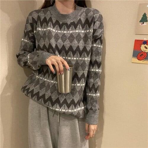 Autumn Casual Winter Jumpers Chic Knit Tops Harajuku Retro Argyle Sweater Women Loose Korean Fashion Oversize Pullover