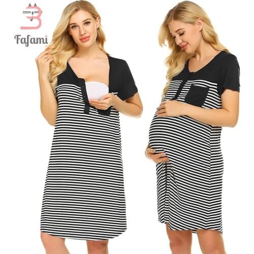Nursing Dress Maternity Clothing Casual Shirts Dress For Pregnant Striped Short Sleeve Nightgown Womens Breastfeeding Sleepwear