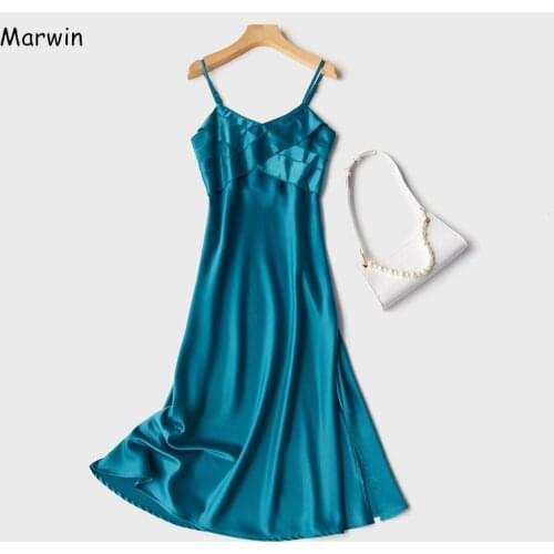 Marwin 2020 New-Coming Fit And Flare Strapless Spaghetti Strap Empire Mid-Calf Solid Women Dresses High Street Style