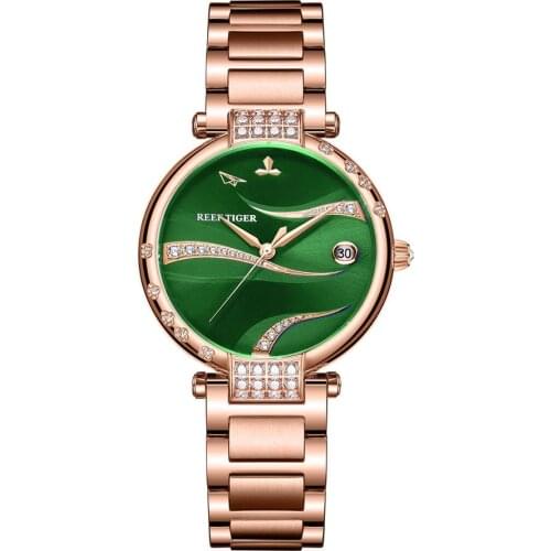 Reef Tiger/RT Women Fashion Rose Gold Case Stainless Steel Watch Analog Calendar Automatic Green Dial RGA1589