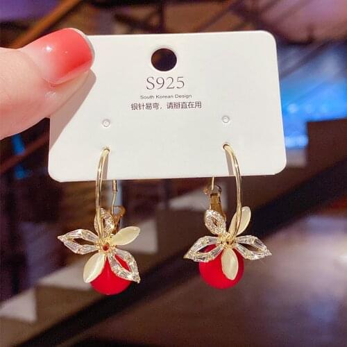 XIYANIKE Red Crystal Flower Dangle Earrings Elegant Simple Alloy Earrings Brincos 2021 Female Fashion Girls Party Jewelry