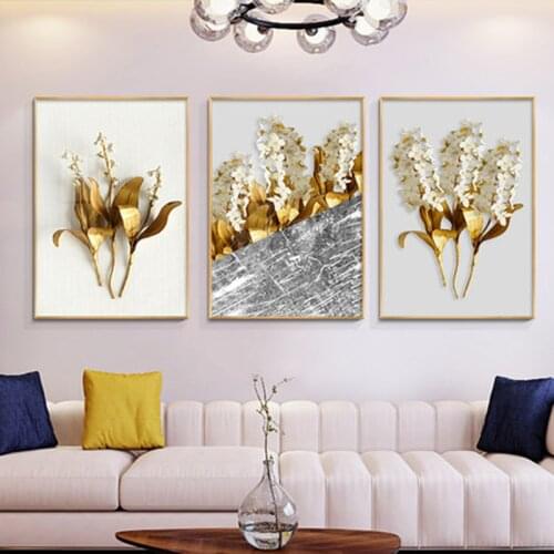 Nordic Gold Leaf Abstract Flower Wall Art Painting on Canvas Black White Feathers Poster Print Picture Decor Can Be Customized