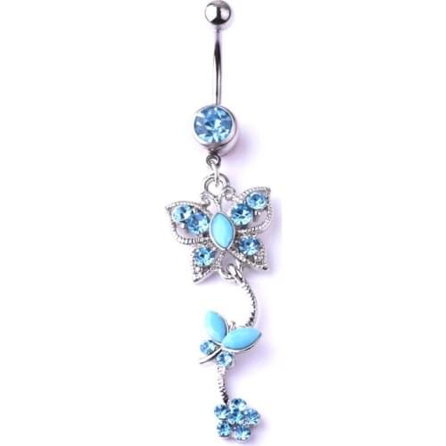 WWLB New Sexy Butterfly Dangle Belly Bars Belly Button Rings Fashion Surgical Steel Rhinestone Navel Piercing Rings Body Jewelry