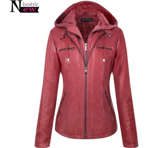 2019 Fall Winter Fashion Womens Hooded Faux Leather Jacket Zipper Motorcycle Leather Coat Hat Detachable Slim Short PU Jackets