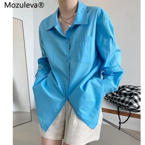 Mozuleva 2021 Autumn Stylish Casual Loose Women Cotton Shirts Turn-down Collar Tops Single-breasted Female Blouses Ladies Blusas
