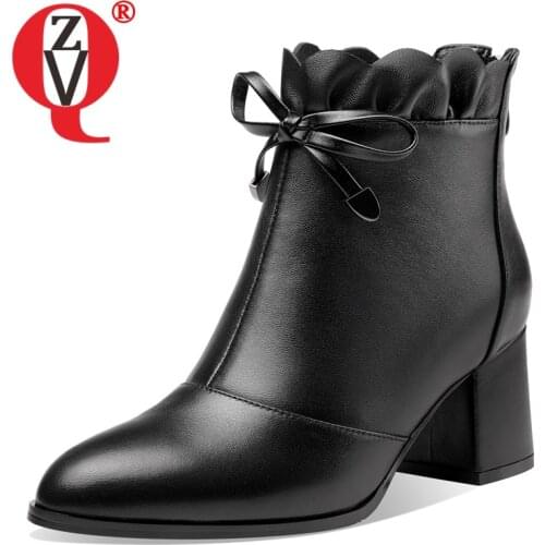 ZVQ Women Genuine Leather Leisure Fashion short boots winter New Style Ruffle lovely sweet Bowknot decoration Solid color
