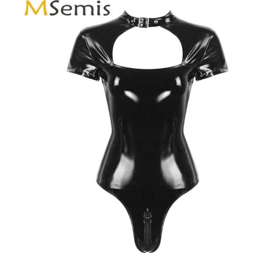 Womens Skinny Latex Catsuit Sexy Zipper Open Crotch Wetlook PVC Leather Bodysuit Ladies Erotic Club Pole Dance Leotard Body Suit