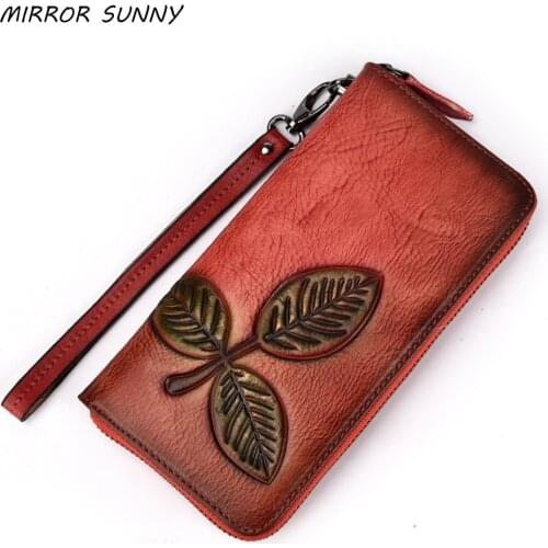 Genuine Leather Women Handy Wallet Leaves Long Zipper Purse Vintage Female Large Capacity Wristband Clutch Wallet Lady Carteira