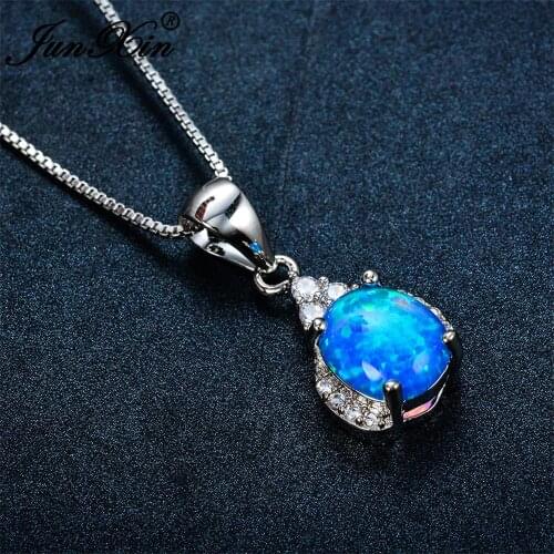 Simple Female Blue Round Opal Necklaces Silver Color Chain Necklaces & Pendants For Women Fashion Zircon Wedding Jewelry