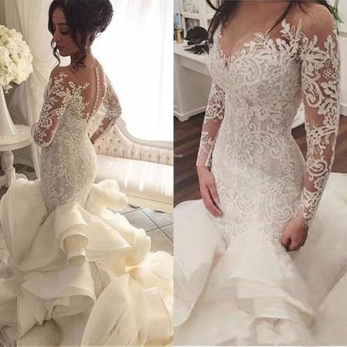 Vestido de noiva 2021 Vintage Wedding Dresses with Sheer Long Sleeves Mermaid Appliques Lace Tulle Bridal Gowns
