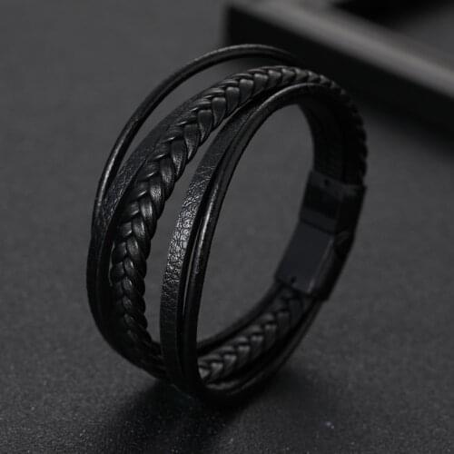 Bracelet Men Multilayer Leather Bangles Magnetic-clasp Cowhide Braided Multi Layer Wrap Trendy Bracelet Armband pulsera hombre