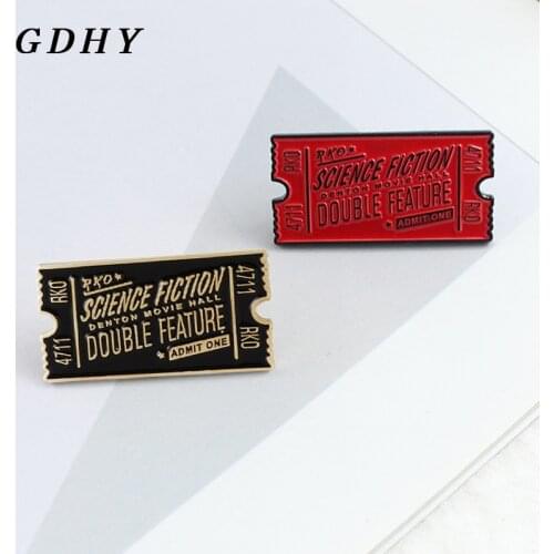 GDHY Red Black Movie Ticket Brooch SCIENCE FICTION,DOUBLE FEATURE Rocky Horror Science Fiction Movie Ticket Enamel Pins Jewelry