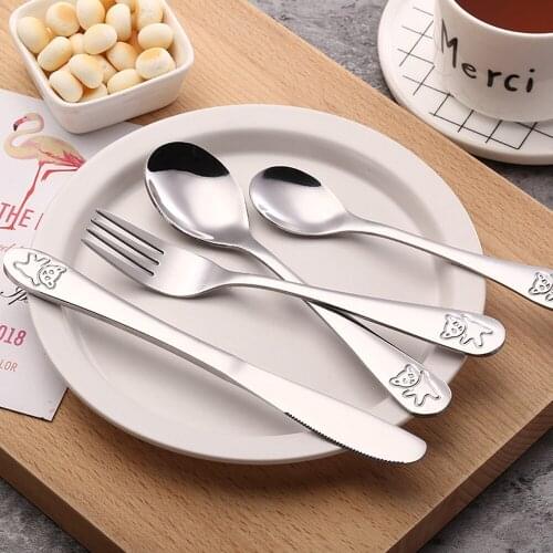 Stainless Steel Kids Knife Fork Spoon Cartoon Bear Cutlery Hotel Western Food Knife Creative Portable Fork Gift Cutlery Set
