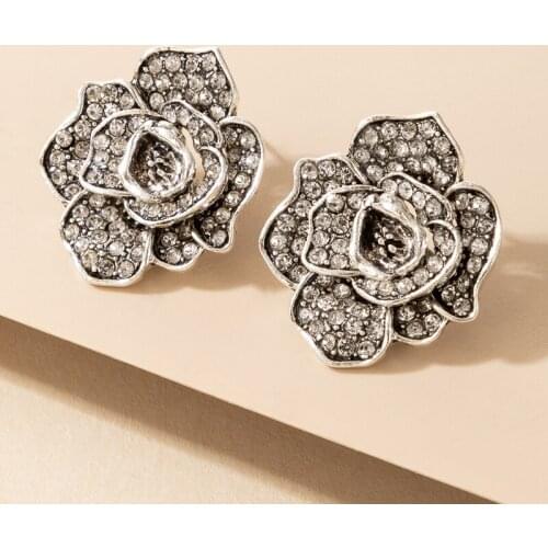 Docona Ancient Silver Color Rose Flower Stud Earring for Women Geometric Rhinestone Earrings Ladies Party Jewelry Cерьги 17570
