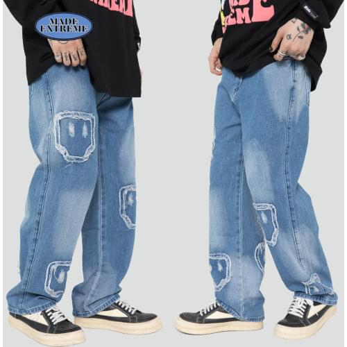 MADEEXTREME patchwork jeans hip hop cargo pants men denim jeans for men washed Distressed jeans baggy jeans women Z83