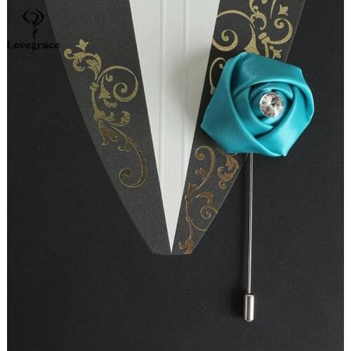 Lovegrace Men Boutonniere Wedding Brooch Pins Silk Rose Metal Breastpin Bridegroom Corsage Boutonniere Wedding Planner Brooch