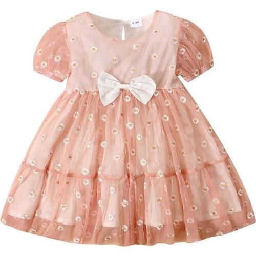 Toddler Newborn Babys Clothes Little Girl’s Sweet Puff Sleeve Dress Fashion Little Daisy Bow Mesh Yarn A-line Princess Dress