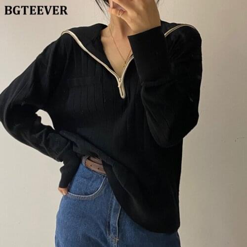 BGTEEVER Fashion Chic Lapel Zippers Women Pullovers Sweaters 2021 Autumn Winter Full Sleeve Casual Female Knitted Jumpers Tops