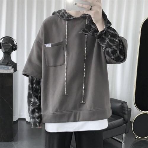 2020 Mens Fashion Lattice Printing Coats Stitching Fake Two-piece Pullover Hooded Hoodies Cotton Clothes Casual Sweatshirts