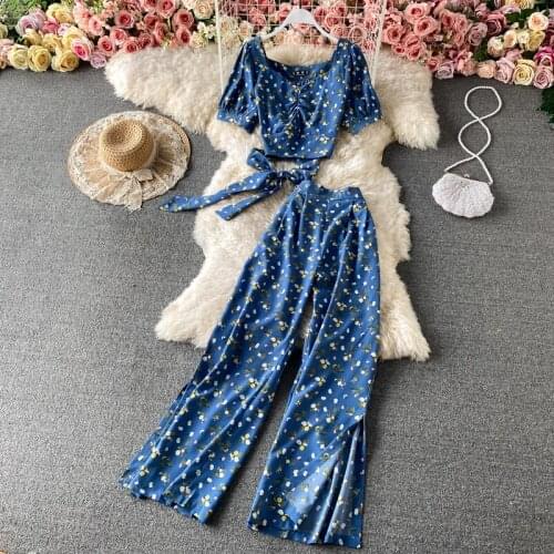 Summer New Floral Holiday Style V-neck Short Two-piece Suit High Waist Split Wide Leg Pants Long Pants GK450