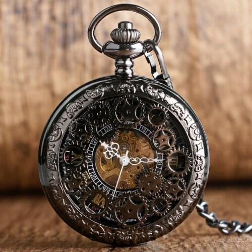 PA010 Village Black Skeleton Hollow Mechanical Pocket Watch Watches Hand Winding For Men or Women