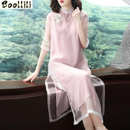 Boollili 95% Real Silk Summer Dress 2020 Vintage Elegant Midi Dress Women Clothes Cheongsam Ladies Dresses Pink Dress Vestidos