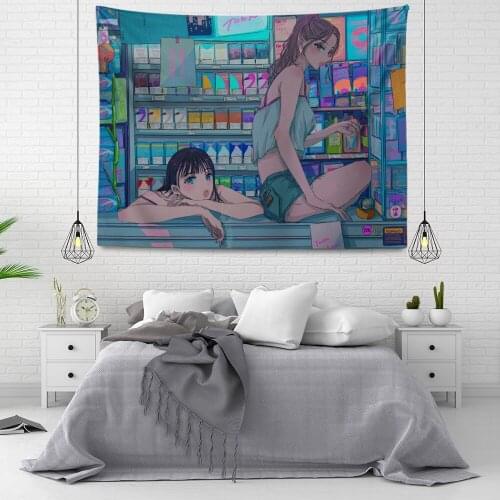 Kawaii - Girls Hanging Wall Tapestry, Bedroom Background Decoration, Cute Pink, Trendy, Trendy Hippie large fabric wall hanging