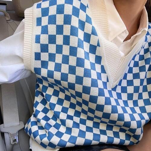 Casual lattice Sweater Vintage Splice Sweater oversize V-Neck Y2k Pullover Harajuku Winter College style knit Womens vest tops