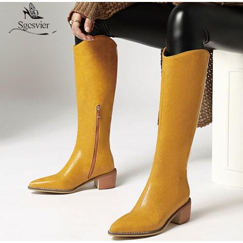 Sgesvier 2020 Med Chunky Heels Long Knee High Knight Riding Boots Yellow Black Red Blue Pointed Toe Womens Shoes Winter Botas