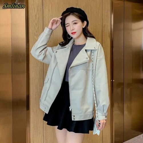 Smlinan 2021 New Womens Motorcycle Faux Pu Leather Jacket Oversize Outerwear Woman Moto Biker Zipper Loose Large Size Coat