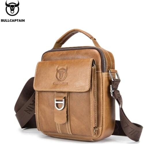 BULLCAPTAIN mens first layer leather shoulder bag mens trend casual messenger small bag multi-function shoulder bag