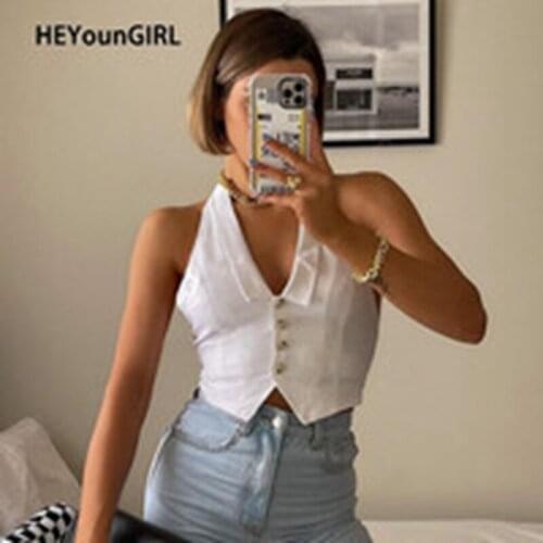 Womens Halter Crop Tank Tops, Sleeveless V Neck Solid Color Button Down Lapel Camisole Vest