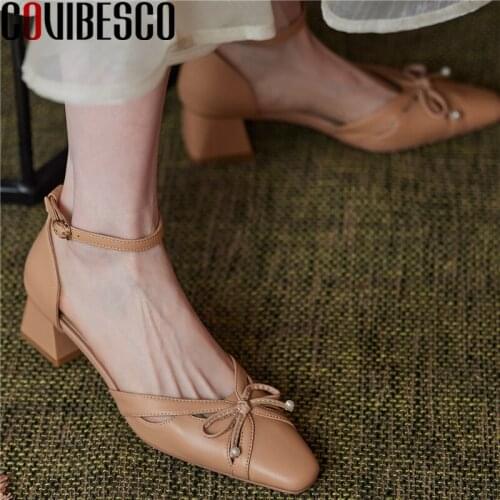 COVIBESCO Ankle Strap Women Pumps Spring Summer Sweet Elegant Butterfly-Knot Genuine Leather High Heels Shoes Woman Party Casual