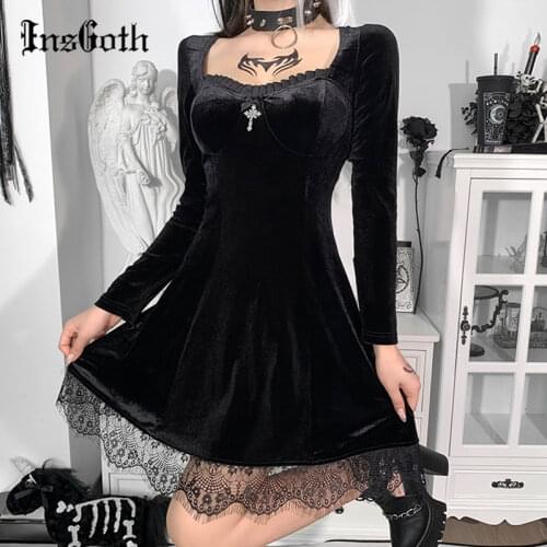 InsGoth Goth Vintage Black Mini Dress Aesthetic Elegant Cross Pendant High Waist Dress Streetwear Long Sleeve Party Dresses