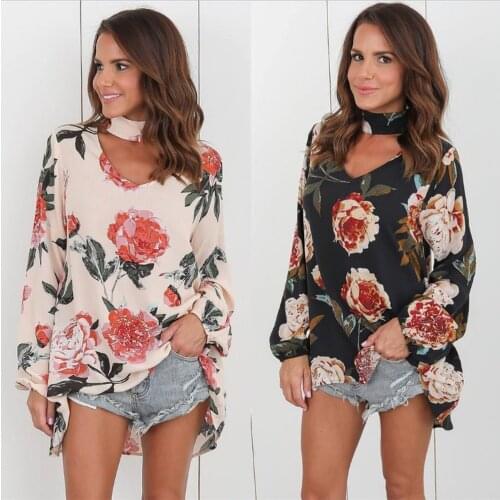 Womens Tops and Blouses Floral Chiffon Blouse Women Clothes 2018 Casual V-neck Loose Long Sleeve Summer Thin Elegant Flower Tops