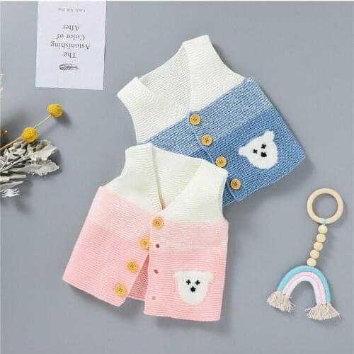 Blotona Cute Baby Casual Knitted Single-breasted Vest Autumn Winter Cartoon Bear Jacquard V-neck Sleeveless Cardigan, 0-12Months