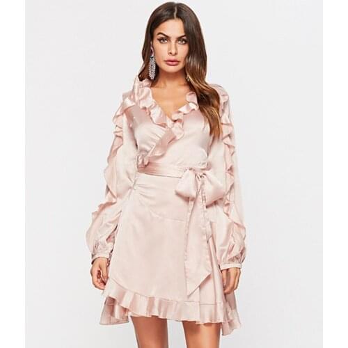 2020 Elegant Long Sleeve Fashion Sexy V Neck Asymmetrical Dress Spring Women Dress Ruffle Sheath Bodycon Party Dress Vestidos