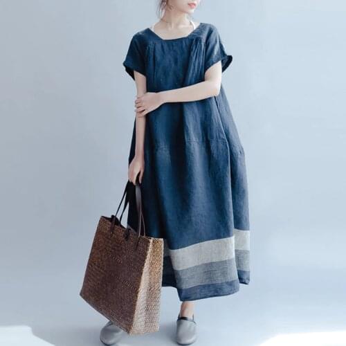 M- ZANZEA Women Stripe Square Collar Short Sleeve Summer Baggy Cotton Linen Splice Work Long Vestido Vintage Party Midi Dress