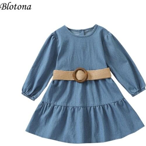 Blotona Stylish Kids Girls Casual Long Sleeve Dress with Belt Fashion Solid Color Back Button A-line Short Dress, 1-6Years