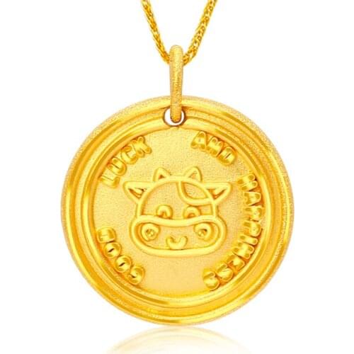 1pcs Pure 24K Yellow Gold Pendant 999 Gold Chinese zodiac Ox Round Necklace Pendant
