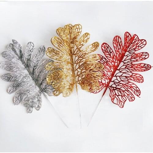 10pcs/lot Christmas Decoration Gold Powder Hollow Leaves Artificial turtle bamboo Fake Plant Leaf Decor Christmas Tree Supplies