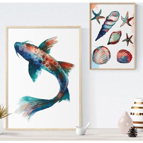 Watercolor Marine Life Poster Fish Conch Shell Canvas Painting Nursery Print Wall Art Picture for Kids Room Modern Home Decor