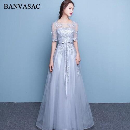 BANVASAC 2018 Illusion O Neck Lace Appliques A Line Long Evening Dresses Party Bow Sash Half Sleeve Open Back Prom Gowns