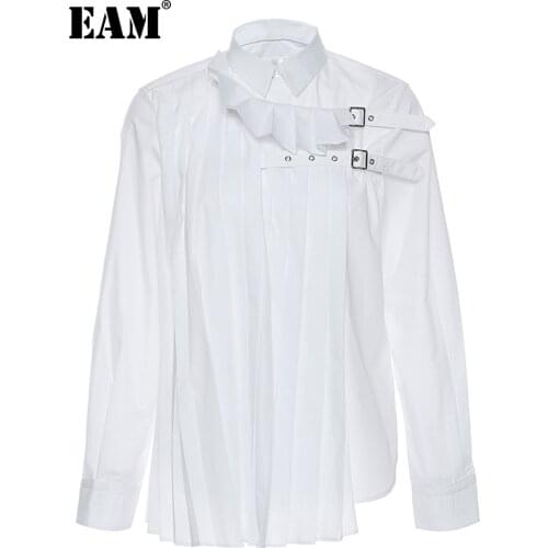 [EAM] Women Asymmetrical Wrinkled White Blouse New Stand Collar Long Sleeve Loose Shirt Fashion Tide Spring Autumn 2021 1DD4109