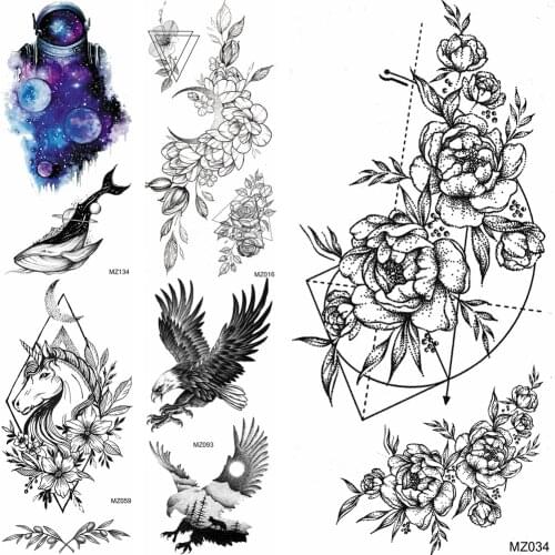 Fashion Flower Temporary Tattoo Fake Astronaut Whale Elk Unicorn Tatoo Body Art Arm Tatoo Waterproof Rose Planets Tattoo Sticker
