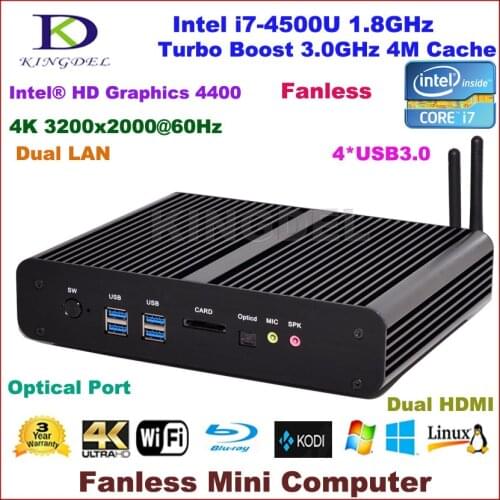 Free shipping Fanless Mini PC Desktop Mini ITX HTPC Haswell Core i7 4500U 8GB RAM 4K Dual LAN+HDMI SPDIF 4*USB 3.0 WiFi Win 7