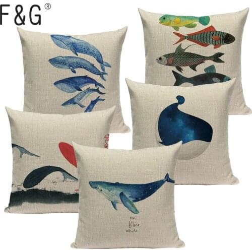 Colorful Sea Animal Fish Pattern Cotton Linen Cushion Cover Pillowcase Chair Waist Throw Pillow Cover 18x18 inches