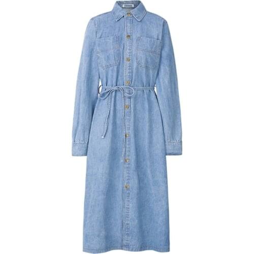 PERHAPS U Blue Denim Shirt Dress Pocket Button Long Sleeve Knee Length Dress Loose Sash Casual D0974
